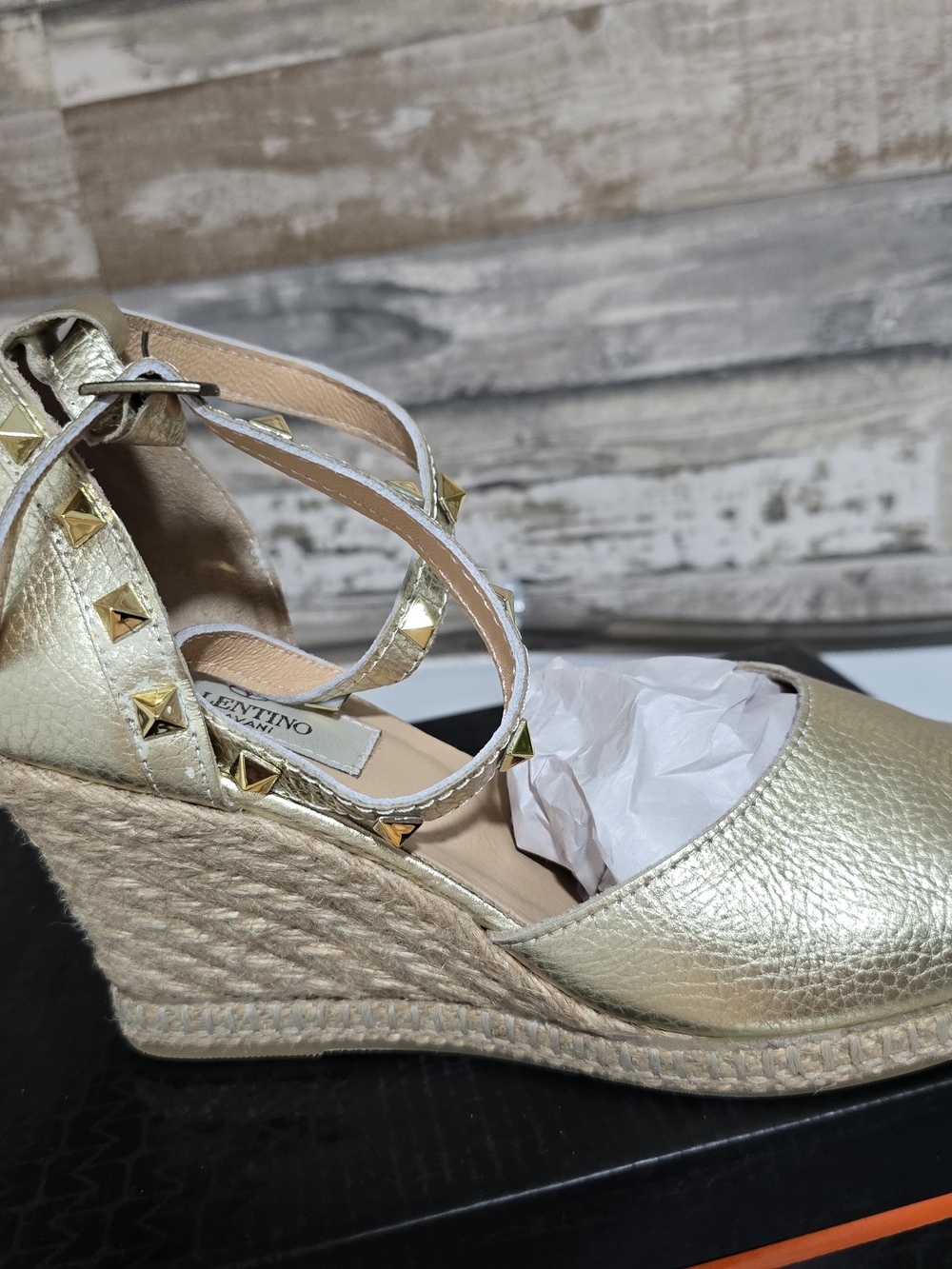 Valentino Gold Stud Espadrille Wedge Sandals